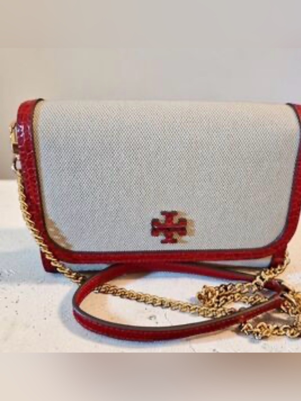 NWT Tory Burch Eleanor Small Convertible Shoulder Bag in red/canvas w/Gold Chain